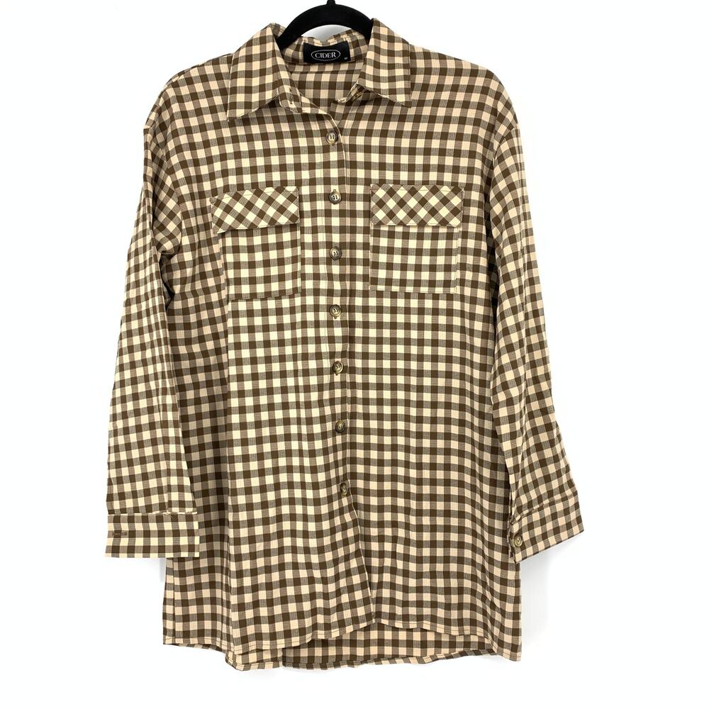 Cider Button Front Long Sleeve Shirt Womens Size Medium Tan Brown Check Print
